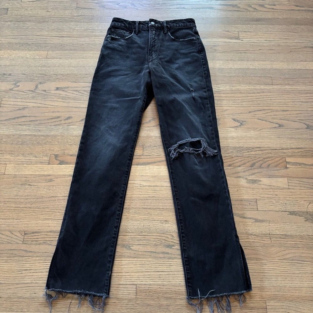 Good American Good Boy Black Distressed High Rise Straight Leg Jeans 4/27
